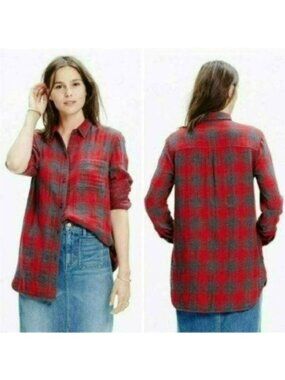 Madewell Ex-Boyfriend Women's XS Red Gray Plaid Long Sleeve Button Up Shirt